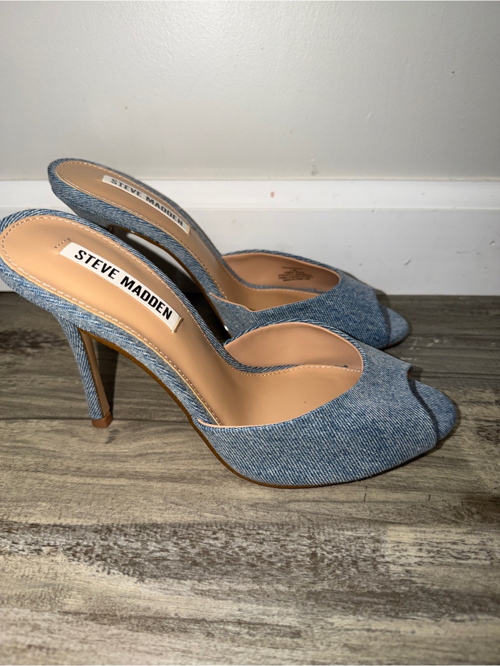 Steve Madden Light Blue Denim Peep-Toe High Heel Mules